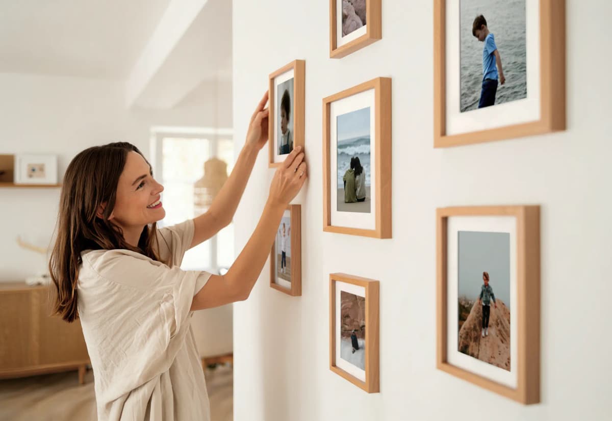 Woman hanging picture frame set on wall – create simple photo wall without drilling