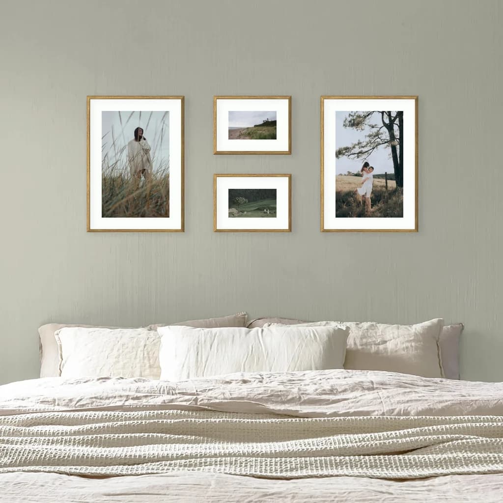 Picture frame set for bedroom – personalised photo wall above bed