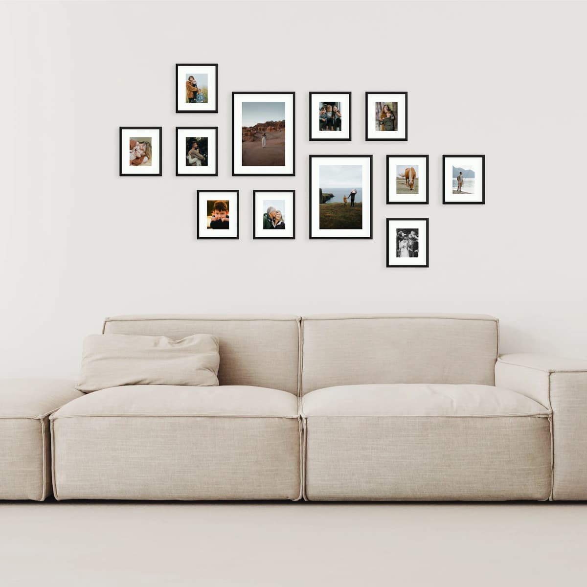 Centric Spread draws the eye to a bold central print, while staggered side frames echo its lines for a balanced, energetic look. The modular layout scales up or down effortlessly, letting you tailor the spread to any wall without losing its signature focus. Ideal when you want one hero moment supported by a clean, contemporary rhythm.