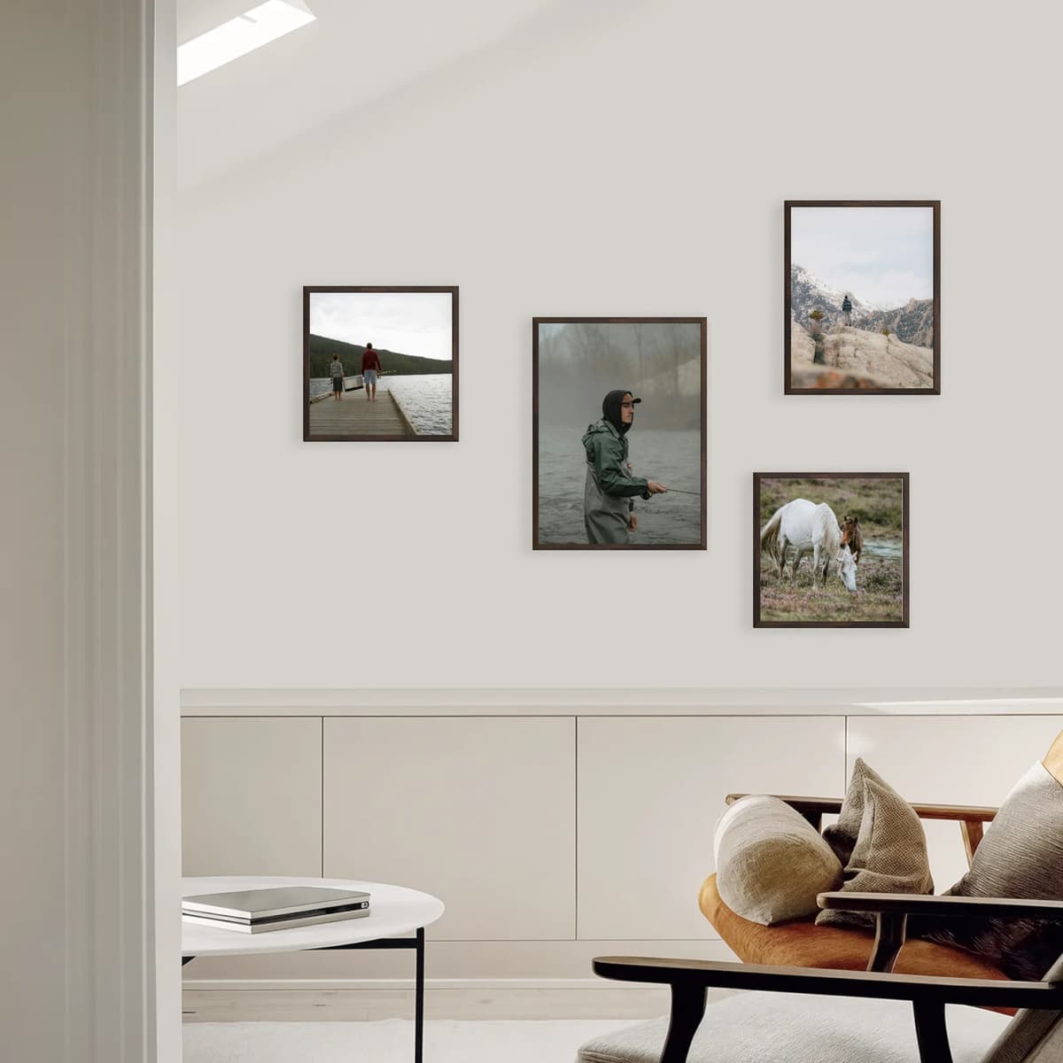 Diagonal Drift arranges your photos along a rising diagonal, injecting dynamism and modern character into any wall. Staggered spacing lets each frame breathe while the diagonal line keeps the whole composition cohesive. Scale pieces up or down—its dynamic flow still guides the eye effortlessly.